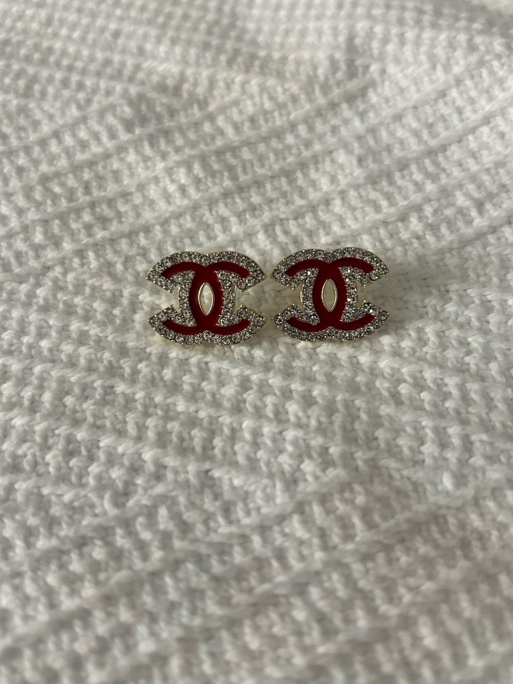 Womens Red Interlocking CC Crystal Stud Earrings